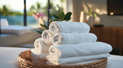 Fototapeta na wymiar Fresh white towels in luxury hotel or spa. Generative Ai