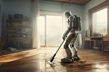 A human-like robot is vacuuming. Generated AI.