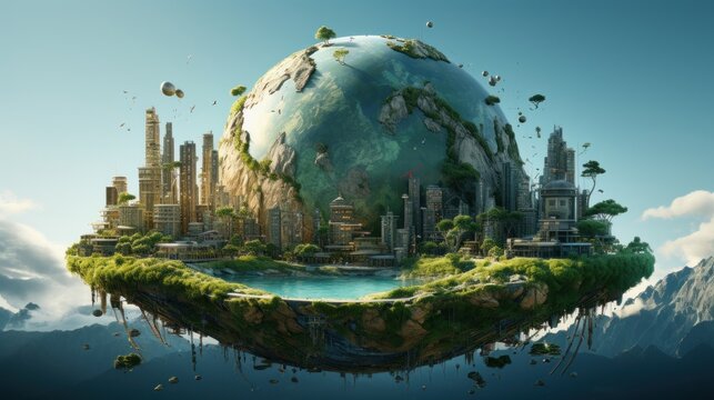 Symbolic 3D image of the globe with elements of human activity and nature landscape. Eliminate waste and pollution, save clean planet. Saving nature for future generations. Earth Day, ecology concept.