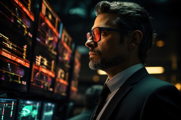 An investor uses augmented reality glasses to visualize real-time market data and trends. Concept of Technological Innovation. Generative Ai.