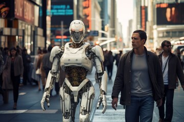 A human-like robot walking around the city center. Generated AI.