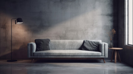 Modern cozy sofa and concrete wall in living room interior, modern design, mock up furniture decorative interior.