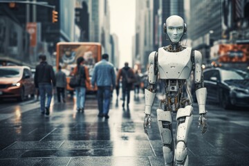 A human-like robot walking around the city center. Generated AI.