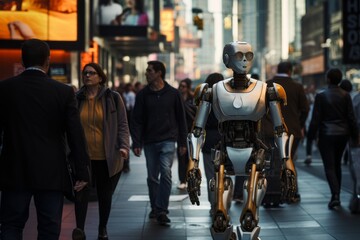 cyborg, robot, A human-like robot walking down the street among the people. Generated AI.