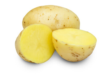 Fresh yellow potatoes, one whole potato and one cut in half, isolated on white background.