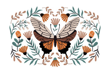 Vintage illustration with a butterfly. Autumn print with a butterfly. Vector illustration.