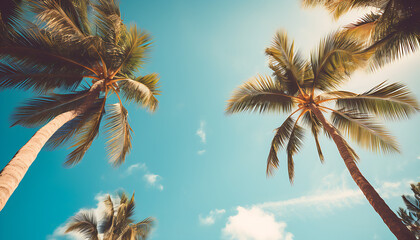 Fototapeta na wymiar Blue sky and palm trees view from below, vintage style, tropical beach and summer background