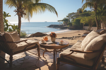 Bright terrace for a place to relax and drink coffee by the beach, Comfortable place for meetings and discussions