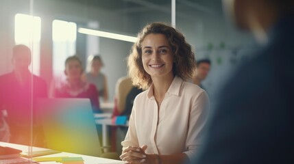 Fototapeta premium Portrait of creative caucasian woman in meeting with presentation Team discussing with colorful note paper on glass white office with sunrise lighting bokeh