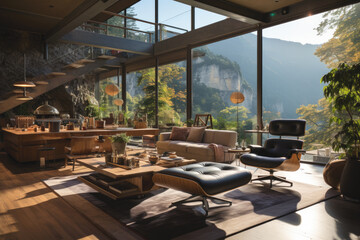 Fototapeta premium Bright terrace for relaxing and drinking coffee in a villa in the mountains, Comfortable place for meetings and discussions