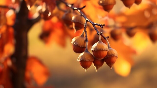 Haseln&uuml;sse an einem Ast vom Haselnussbaum vor herbstlichem, braunen und orange farbigen Hintergrund