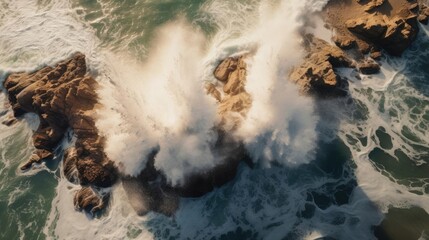 Realistic photo of aerial photo of crashing waves on the shoreline