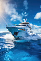 Large private motor yacht at sea mooving fast - obrazy, fototapety, plakaty