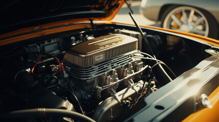 Under the hood of sports car. Powerful engine closeup. Clean motor block.