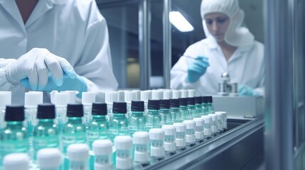 Staff check Medical vials on production line at pharmaceutical factory