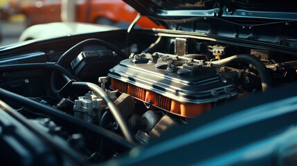 Fototapeta na wymiar Muscle Car Engine. Under the hood of sports car. Powerful engine closeup. Clean motor block.