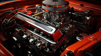 Muscle Car Engine. Under the hood of sports car. Powerful engine closeup. Clean motor block. - obrazy, fototapety, plakaty