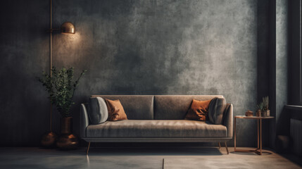 Modern cozy sofa and concrete wall in living room interior, modern design, mock up furniture decorative interior.