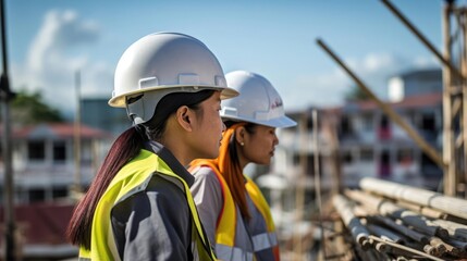 Woman construction worker in hard hat on construction site safe working on job site