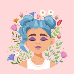 Mental health. Healthy mentality and self care illustration. A happy woman feels confident, relaxes, accepts, loves herself. Beautiful girl with closed eyes and flowers