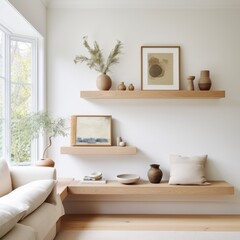 Obraz na płótnie Canvas Wood floating shelf against a white wall. Creating a home storage system. Decorating a contemporary family room.
