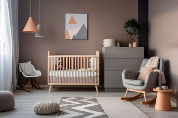 the interior of a modern room for a newborn with a crib and an armchair, generative AI