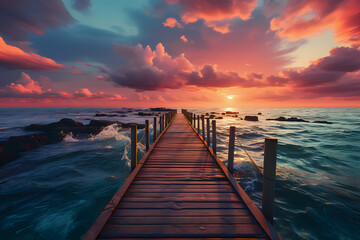 Obraz premium Wooden pier in the sea at sunset