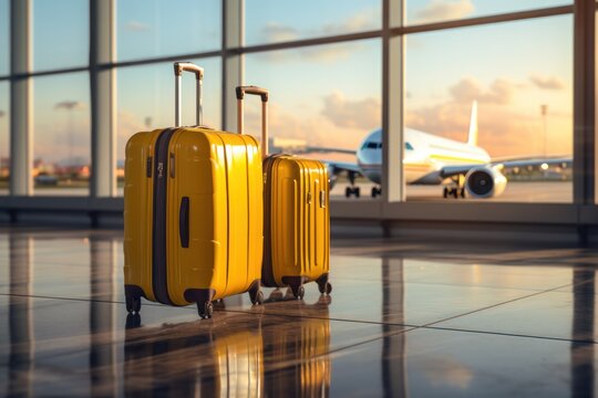 suitcase, flight, journey, transport, travel, trip, window, tourism, luxury, airplane. image background is put suitcase in terminal airport, behind that's airplane park is going to flight and travel.