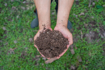 Hand holding fertile black soil. Hands holding good quality soil. Dirty hands with soil. Hand holding soil in agricultural field.