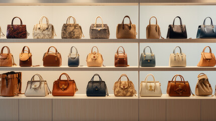 Variety of different styles and sizes of handbags in a boutique - obrazy, fototapety, plakaty