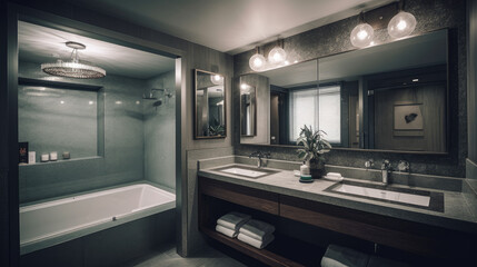 Modern hotel bathroom interior with double sink and bathtub, accessories.