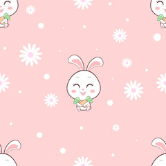 Cute bunny with flowers and leaves seamless pattern on pastel pink background.