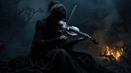 Dark person playing the violin in the dark forest.