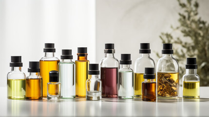 Variety of different types of essential oils in glass bottles