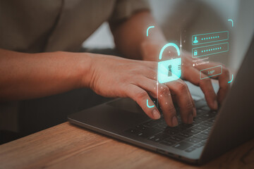 Man typing username and password on a laptop. Computer security system. User authentication system with username and password, information security and encryption, technology secure internet access.