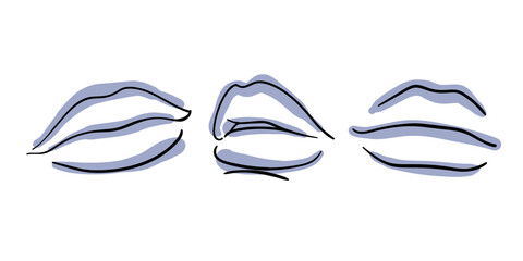 Kiss set minimal style outline vector illustration. Fashion blue Lips line drawing on white background. 
