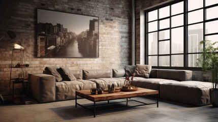 Modern loft open space apartment with wooden beams and floor, simple modern furniture, gray leather sofa, coffee table, brick wall, view from the living room