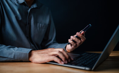 smart phone, close up, laptop, hand, businessman, portrait, typing, background, blue, equipment....