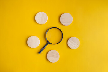 finding, wooden, searching, sorting, magnifier, circle, orange, background, plan, order. background image is wooden circle sorting like pentagon, and middle there's magnifier glass put it for finding.
