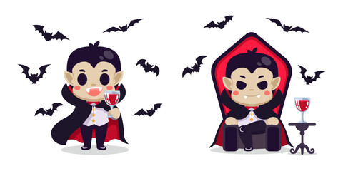 Halloween kawaii Dracula sit and glass of blood on the desk with fly bat on white background. lovely and spooky cartoon character. Vector illustration flat design.