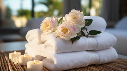 Fresh white towels in luxury hotel or spa. Generative Ai	
