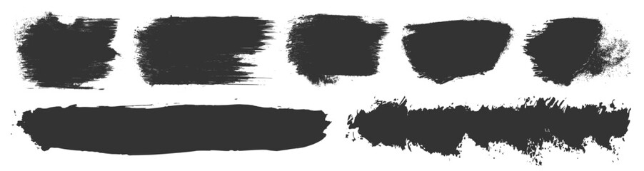 Vector set of dry brush paint ink shapes. Brush stroke elements. Black dirty grungy texture distressed frames. Japanese design ink stains. Chinese hand drawn freehand elements. Each element is united