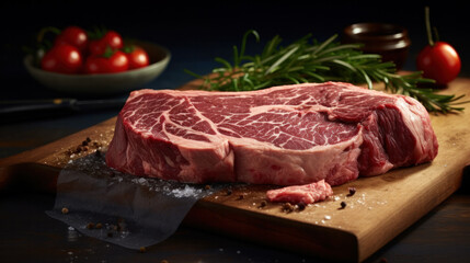 Raw rib eye steak of beef on a wooden Board with a meat cleaver and seasonings - obrazy, fototapety, plakaty