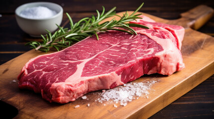 Raw rib eye steak of beef on a wooden Board with a meat cleaver and seasonings