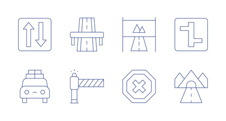Road icons. Editable stroke. Containing two ways, highway, road sign, intersection, holidays, traffic barrier, stop, road.