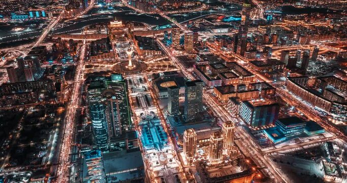 Aerial hyper lapse of Astana city Kazakhstan at night