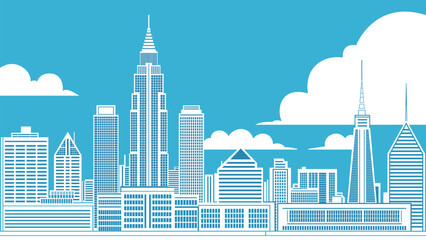 city skyline with tall buildings and clouds in the sky, in a blue and white background, with a white outline of a skyscraper
