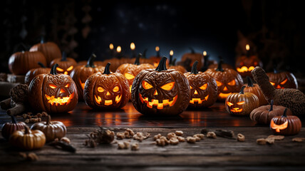 It's Halloween, trick or treating? perfectly carved pumpkins of all sizes and kids wanting to party with treats
