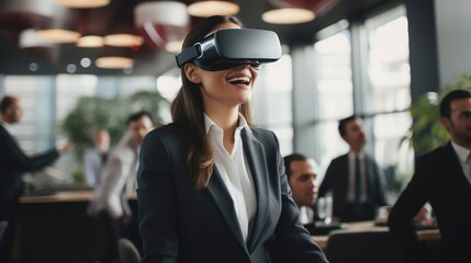 woman wearing a suit and virtual reality headset for a business meeting in the metaverse