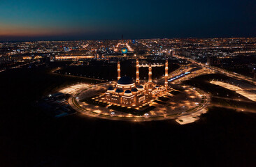 Aerial view of The Grand Mosque of Astana in Kazakhstan at night